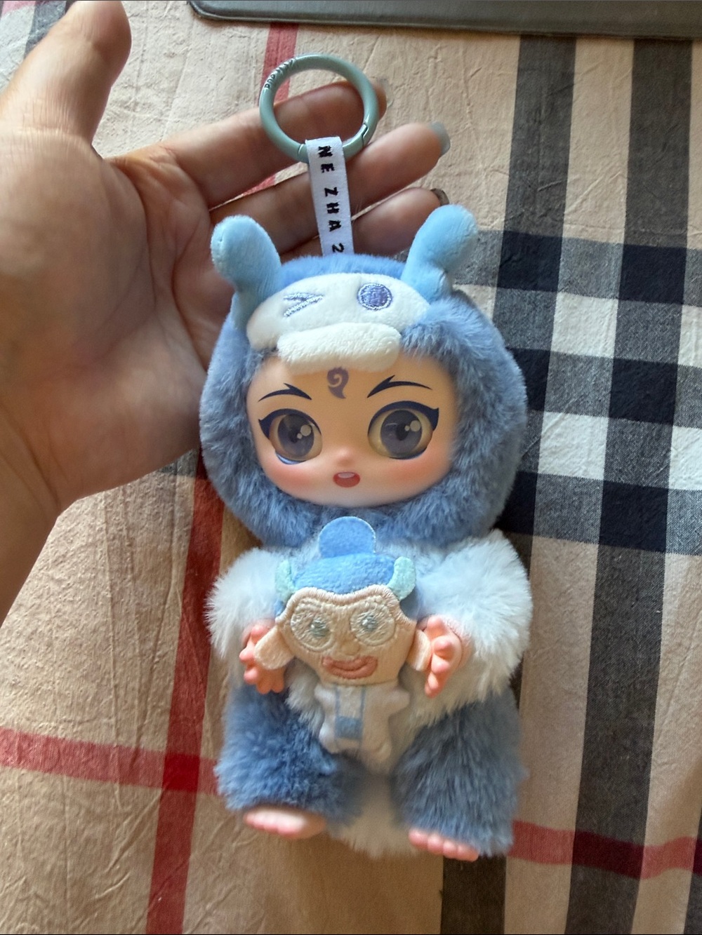 Blue & White Plush Doll Keychain - Cute Character Accessory